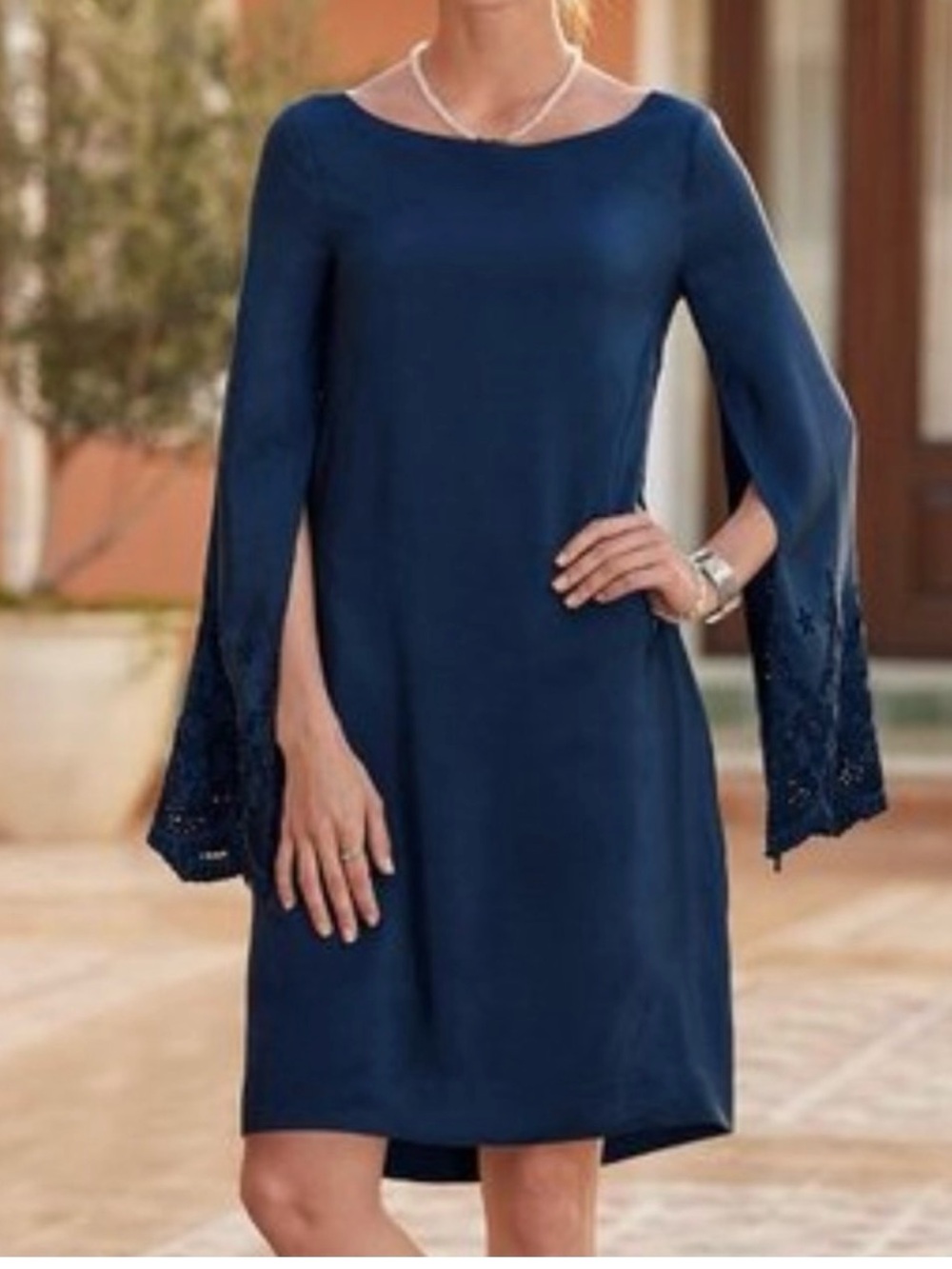 Sundance Navy Split-Sleeve Shift Dress with Eyelet Detail